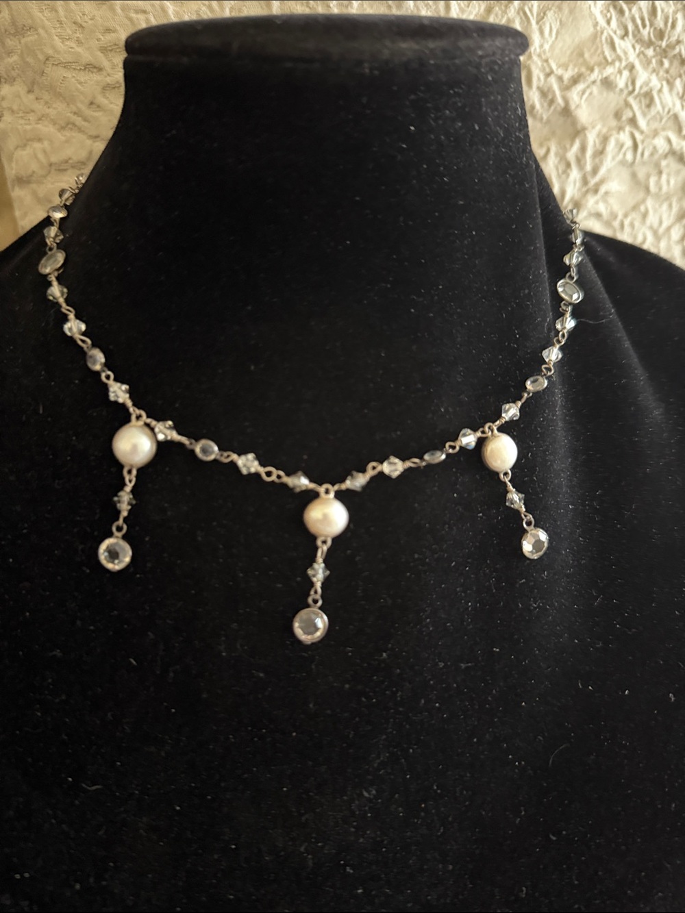 necklace white pearls clear and smoky crystals sterling silver vintage